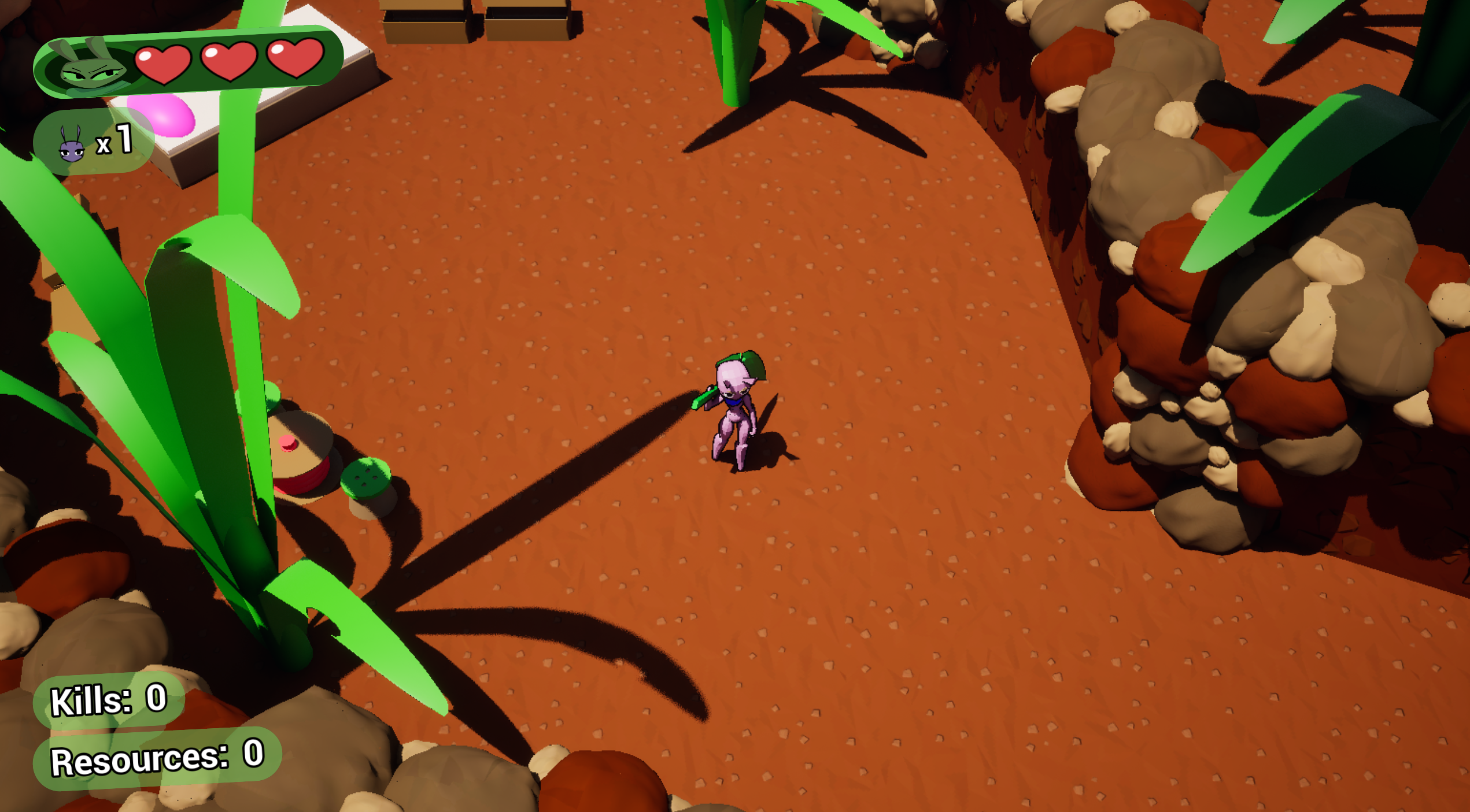 Screenshot of Leaf Cutter showing an isometric ant-like character in a stylized desert arena with health and resource HUD elements