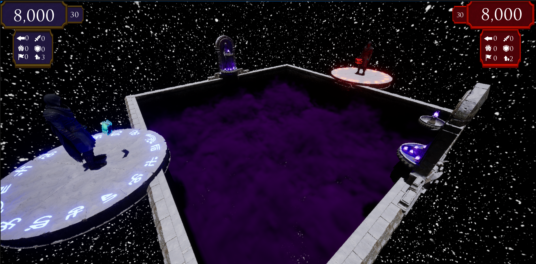 Screenshot of Summoner's Cup showing a dark arena, opposing player platforms, and fantasy-styled HUD elements
